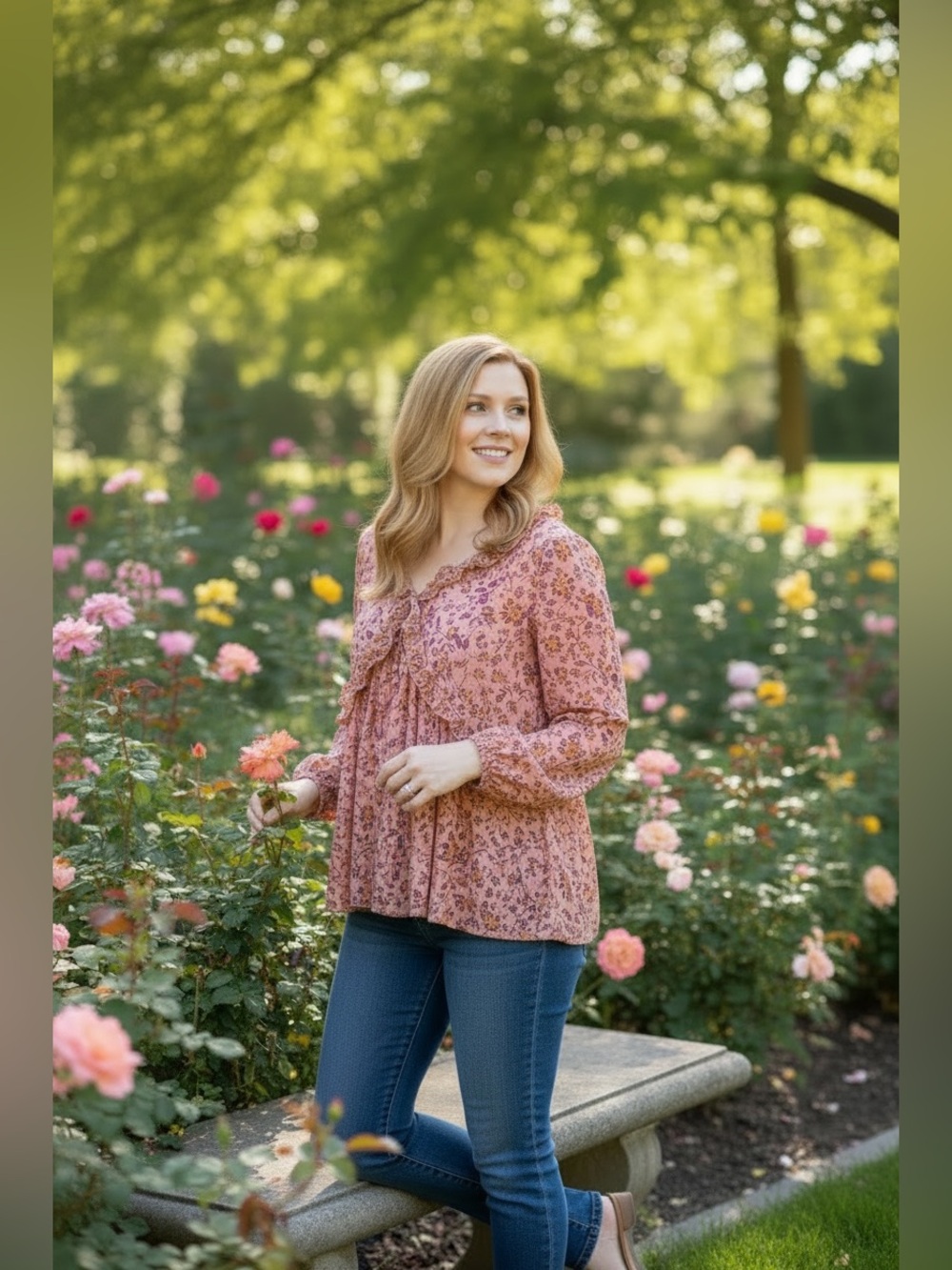 Easel- Tie-Neck Floral Peasant Blouse in Light Pink